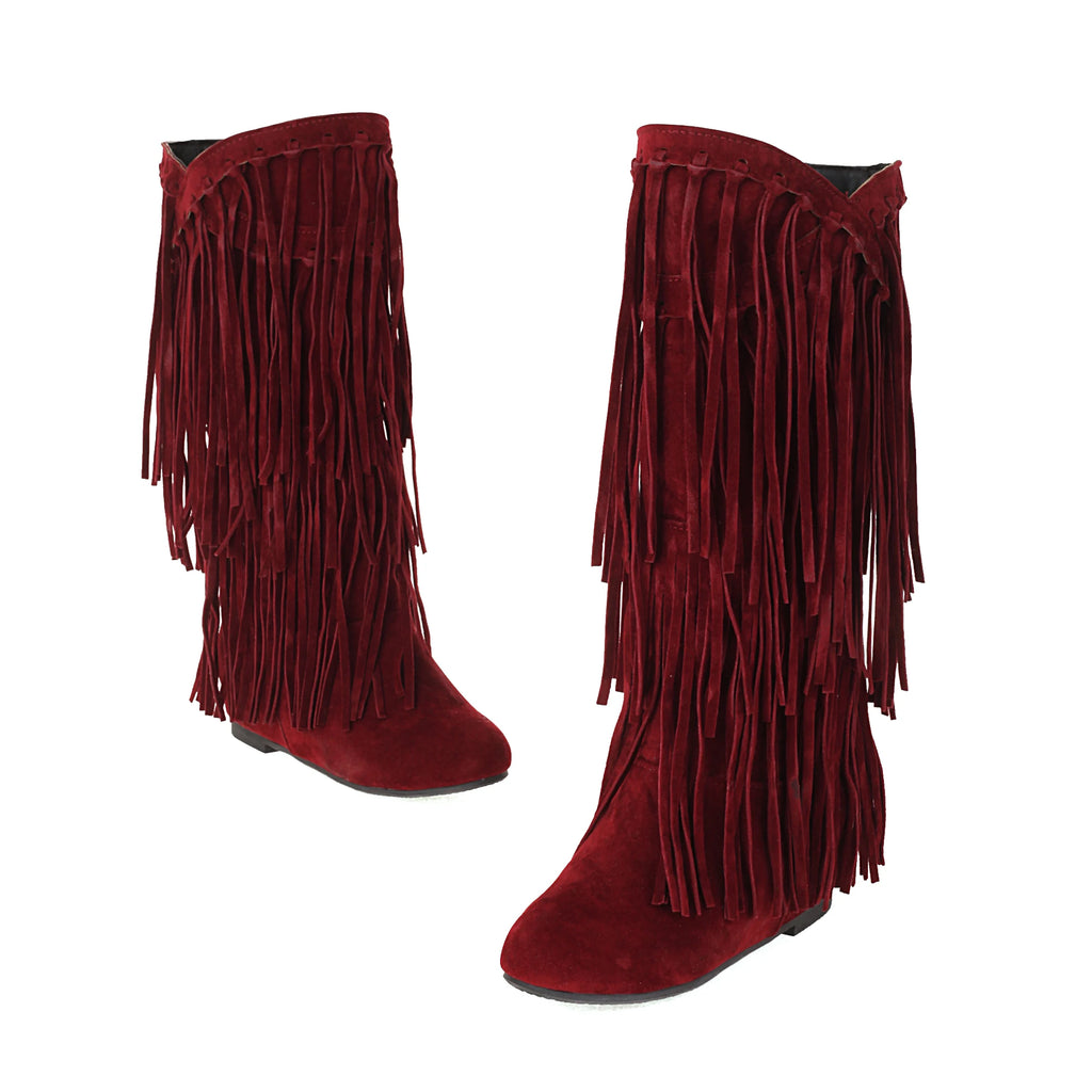 Women’s Ethnic Wedge Boots — Mid-Calf Flock Tassel Design