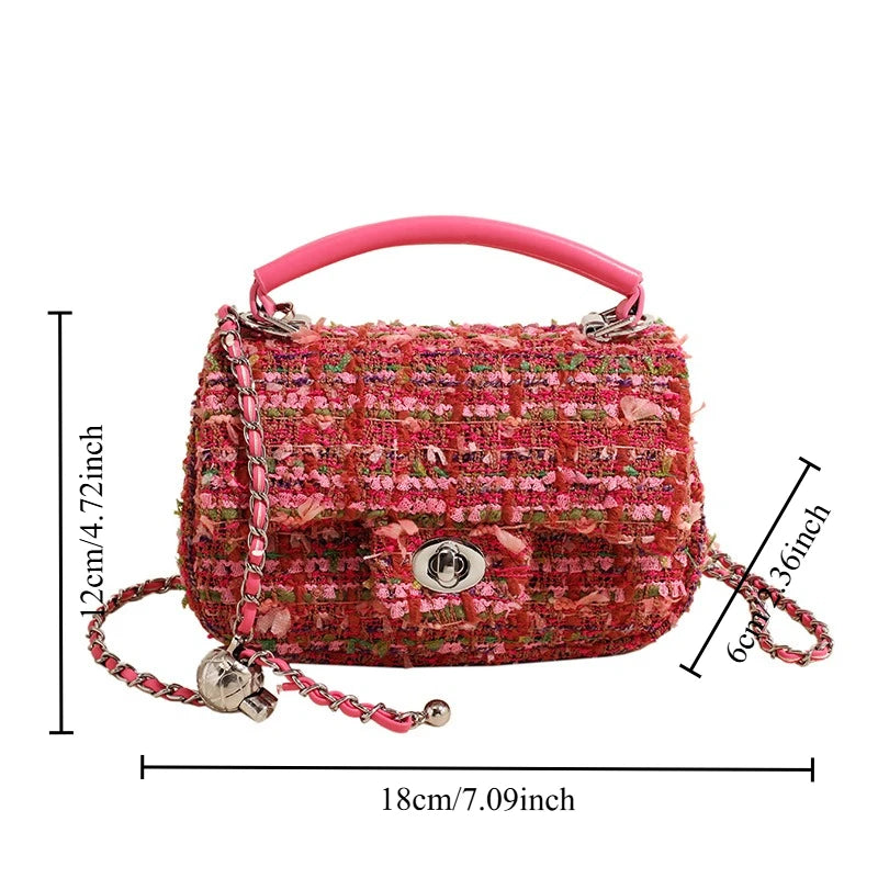 Chic Women’s Tweed Crossbody – Small Handbag with Chain Detai