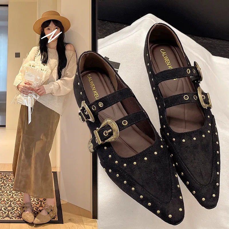 Fashion Belt Buckle Flats – Vintage Pointed Women’s Shoes