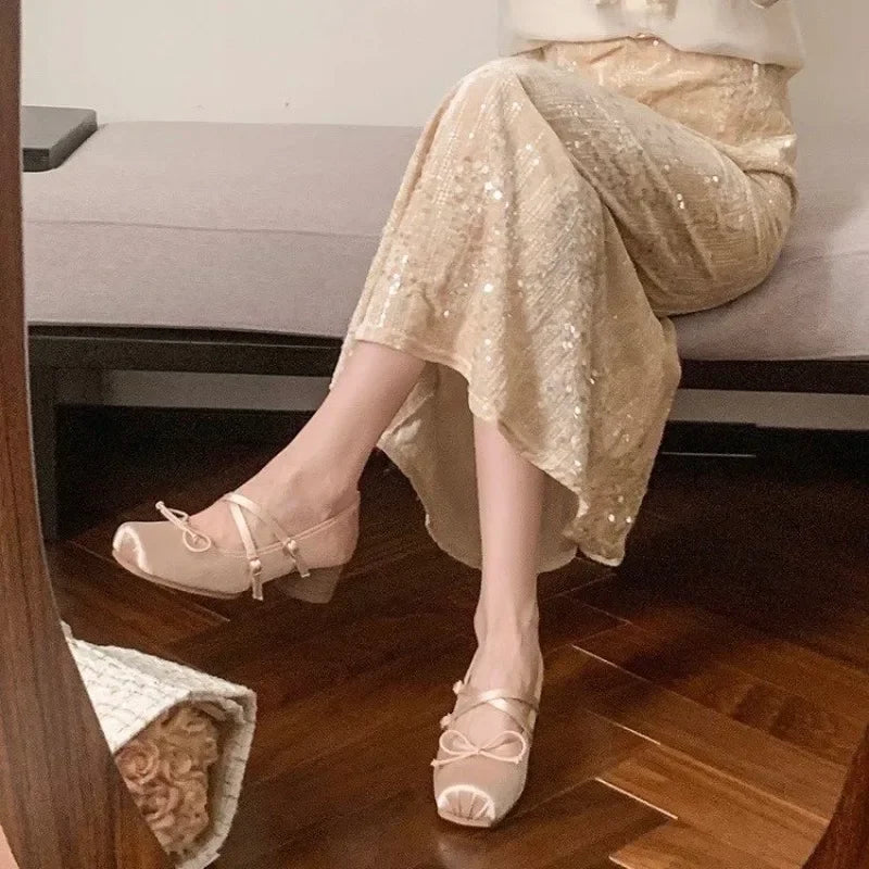 Elegant Block Heel Mary Janes – Square Toe, Bow-Knot Style