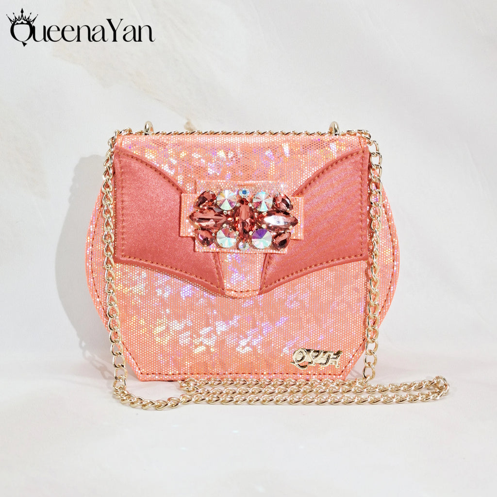 Diamond-Embellished Coral Peep-Toe Heels + Bag (Italian Design)