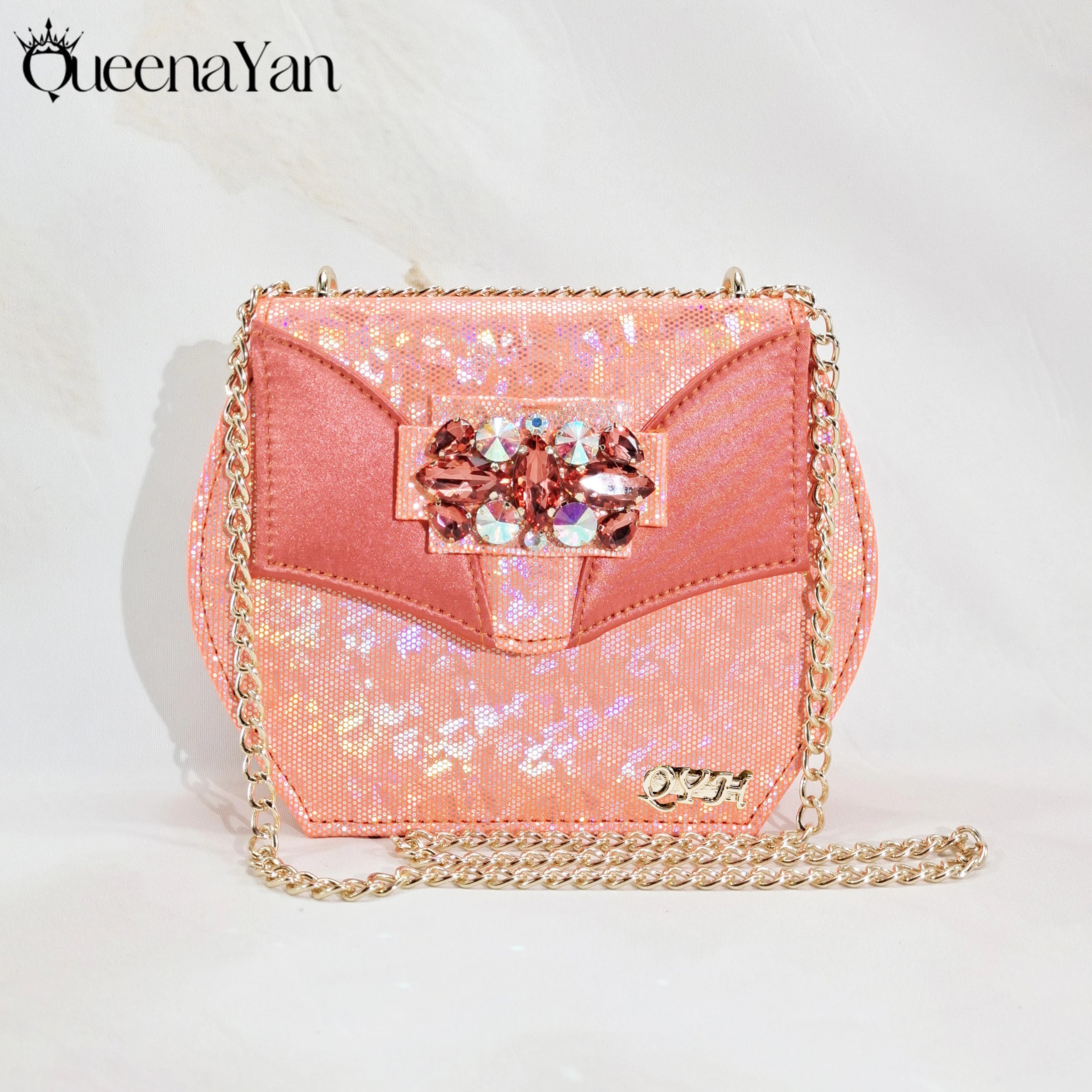 Diamond-Embellished Coral Peep-Toe Heels + Bag (Italian Design)