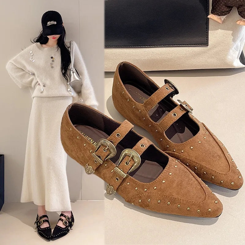 Fashion Belt Buckle Flats – Vintage Pointed Women’s Shoes