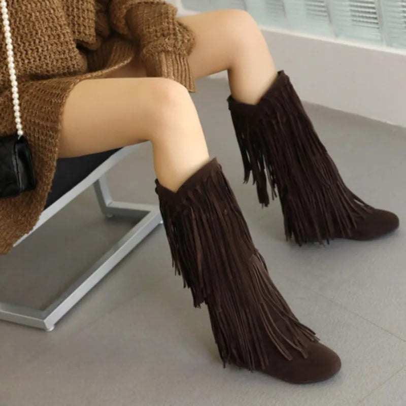 Women’s Ethnic Wedge Boots — Mid-Calf Flock Tassel Design
