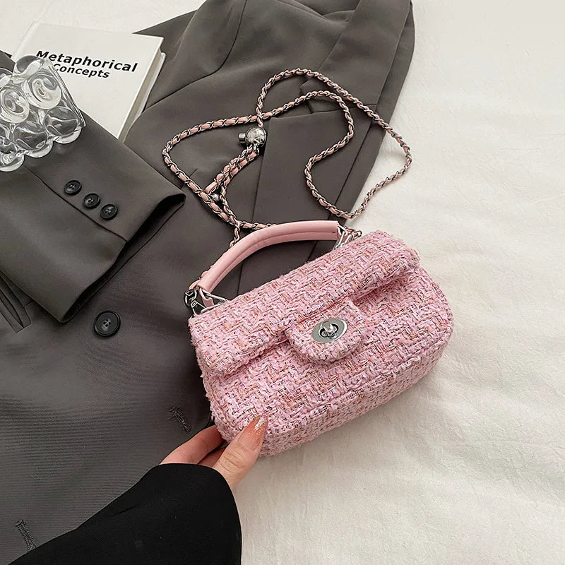 Chic Women’s Tweed Crossbody – Small Handbag with Chain Detai