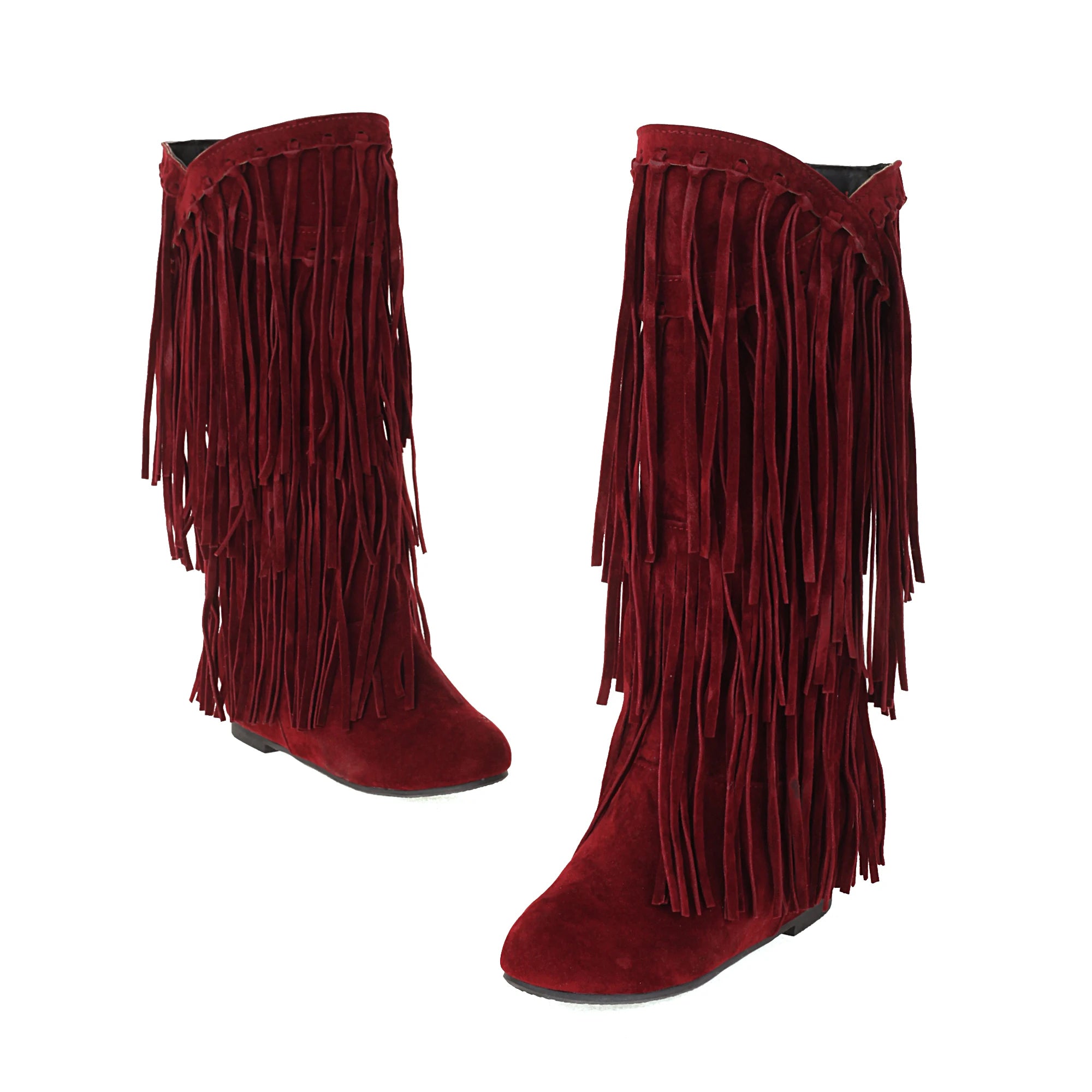 Women’s Ethnic Wedge Boots — Mid-Calf Flock Tassel Design