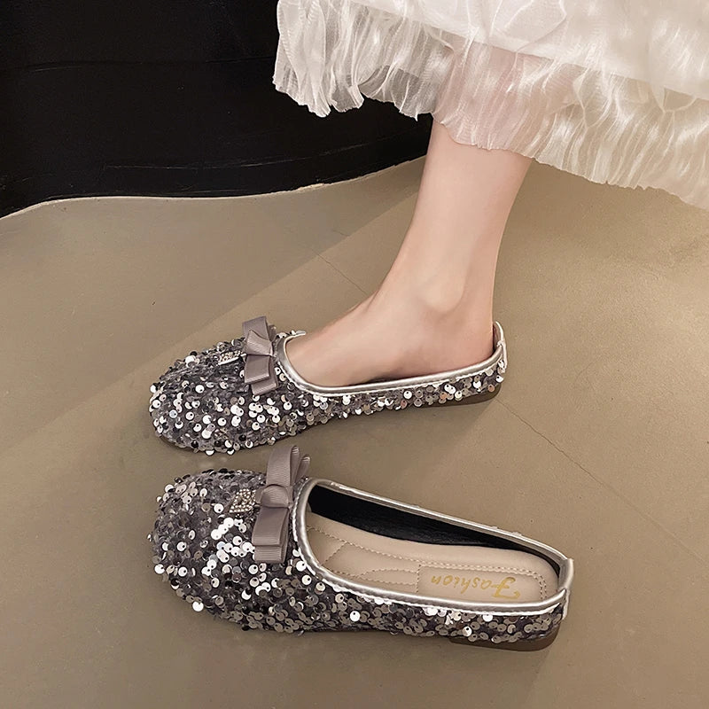 Leisure Summer Flats — Round Toe Low Heels with Bling Metal