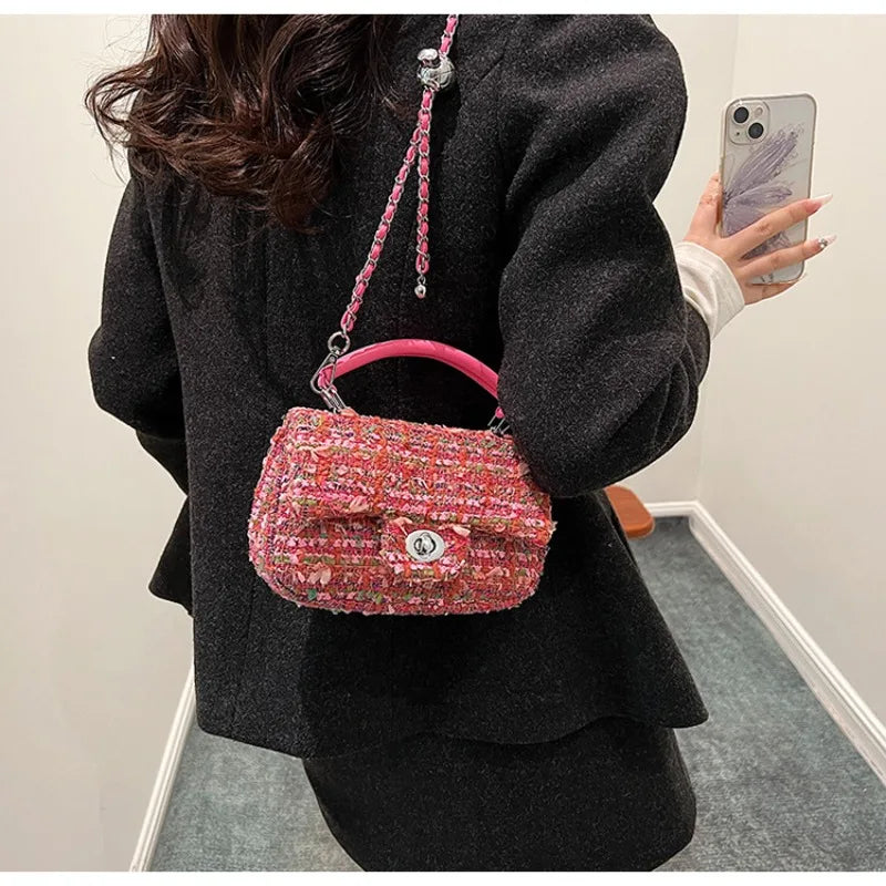 Chic Women’s Tweed Crossbody – Small Handbag with Chain Detai
