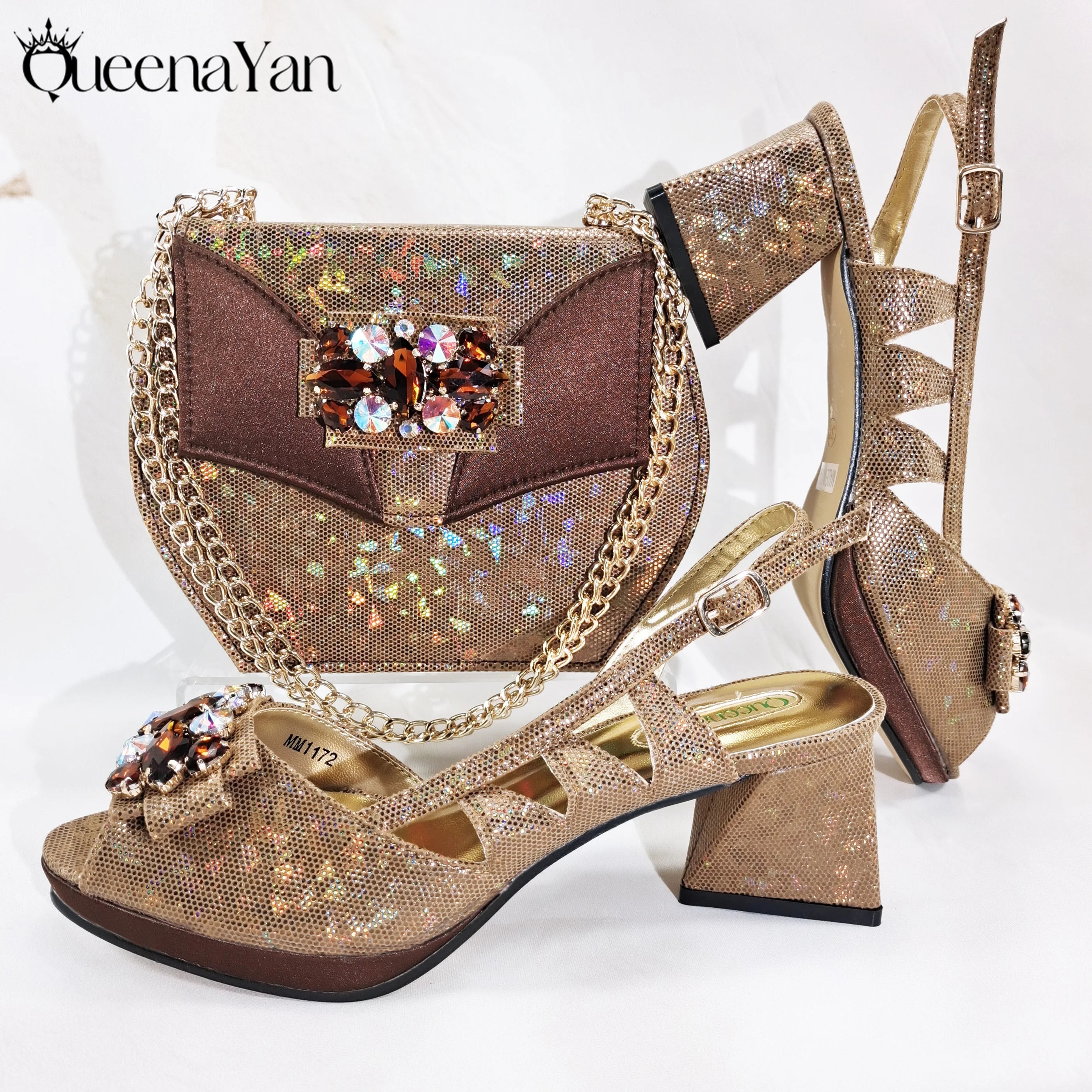 Diamond-Embellished Coral Peep-Toe Heels + Bag (Italian Design)