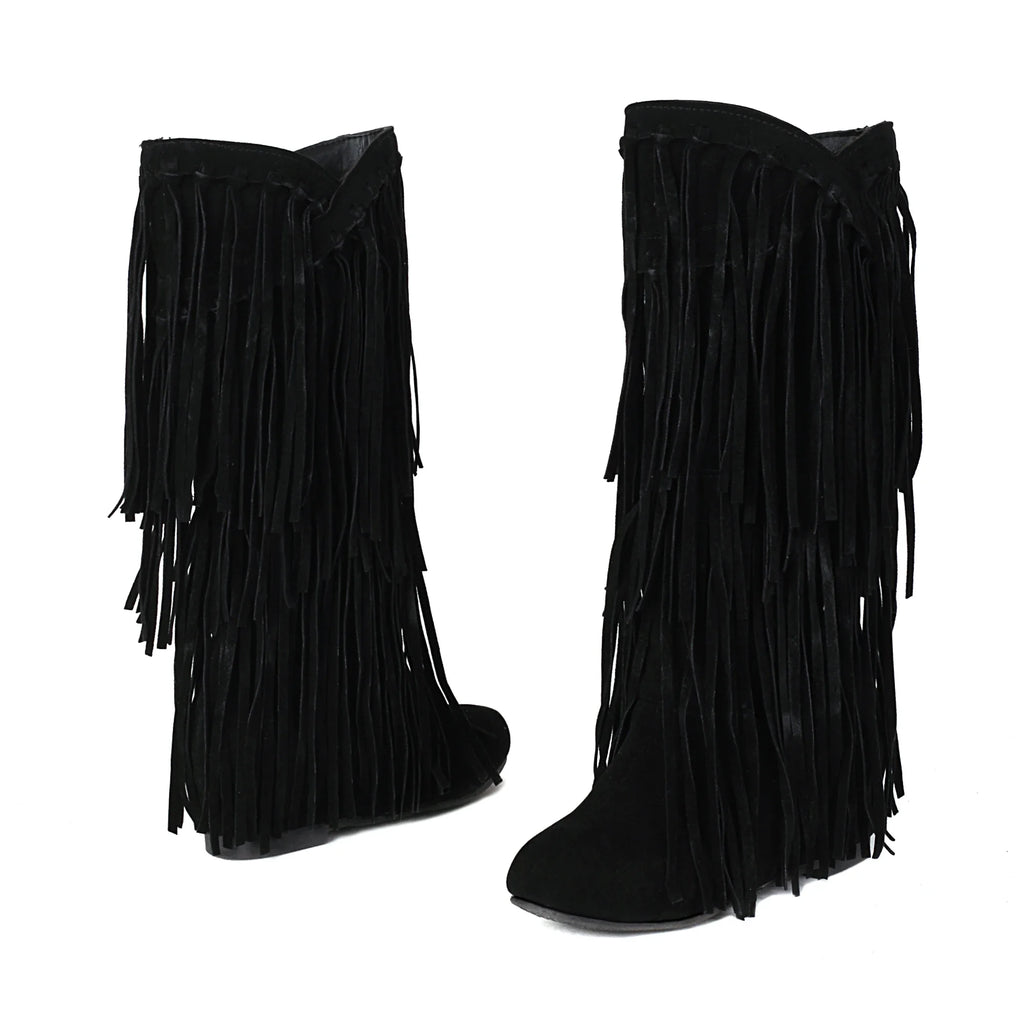Women’s Ethnic Wedge Boots — Mid-Calf Flock Tassel Design