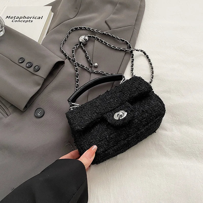 Chic Women’s Tweed Crossbody – Small Handbag with Chain Detai