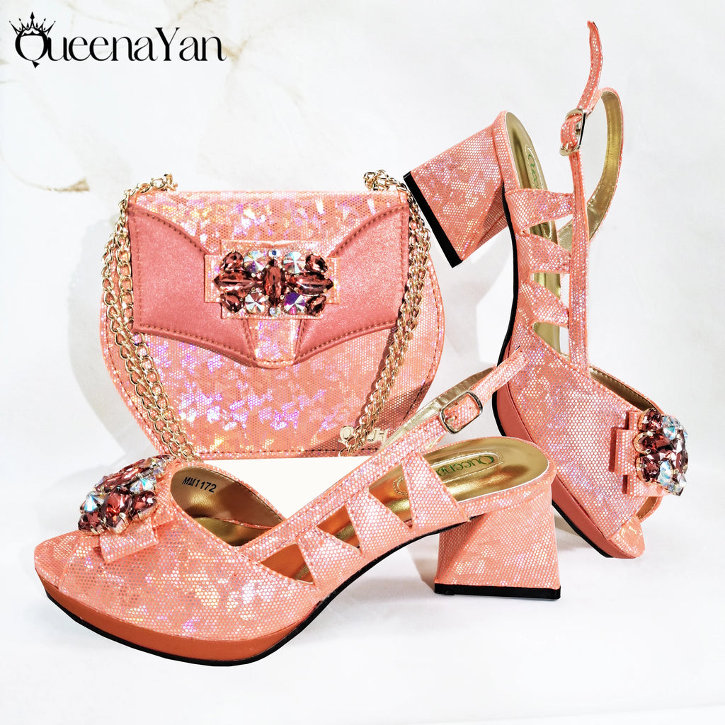 Diamond-Embellished Coral Peep-Toe Heels + Bag (Italian Design)
