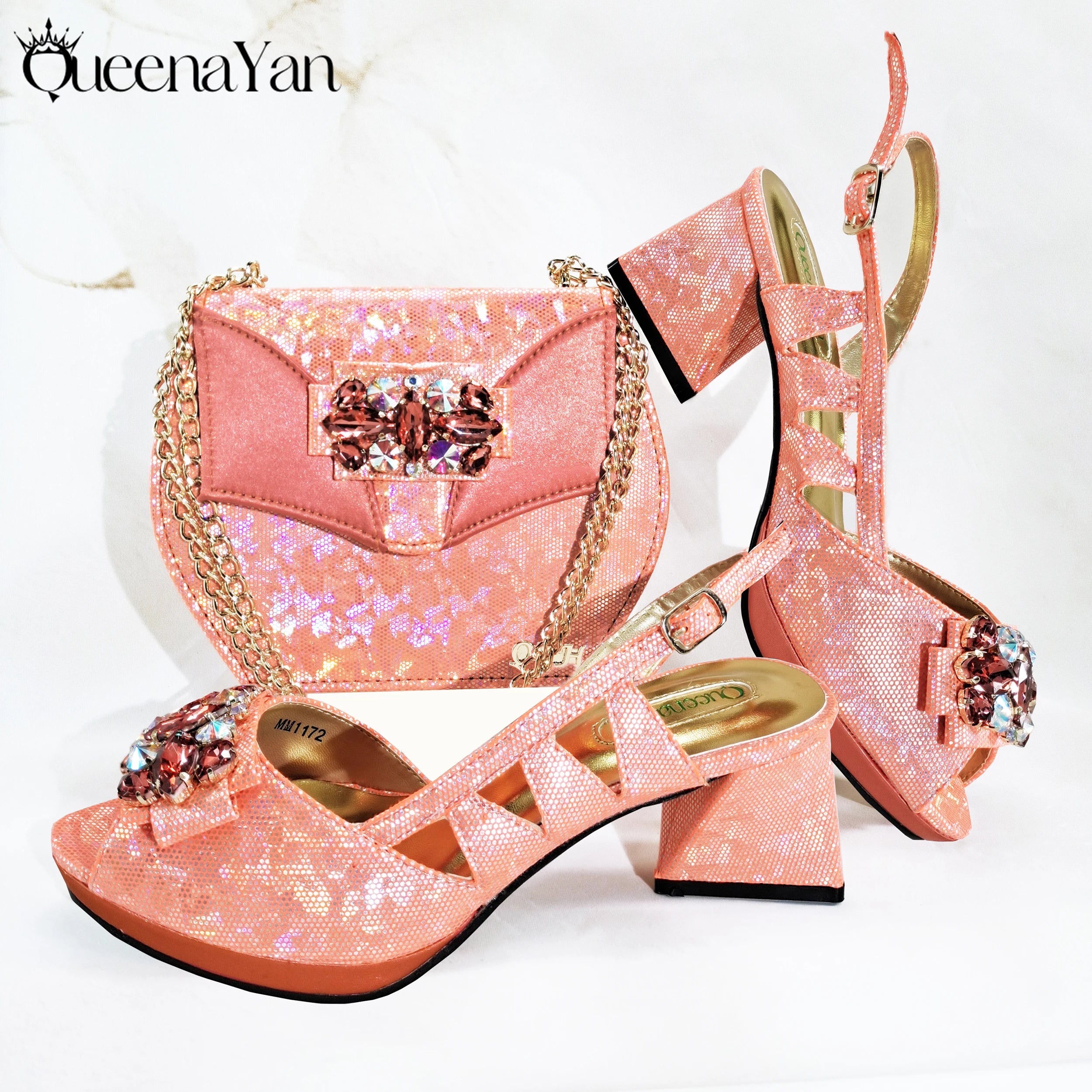 Diamond-Embellished Coral Peep-Toe Heels + Bag (Italian Design)
