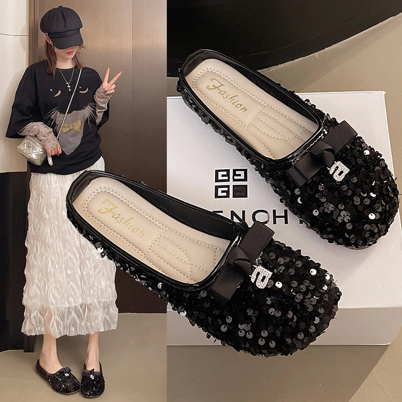 Leisure Summer Flats — Round Toe Low Heels with Bling Metal