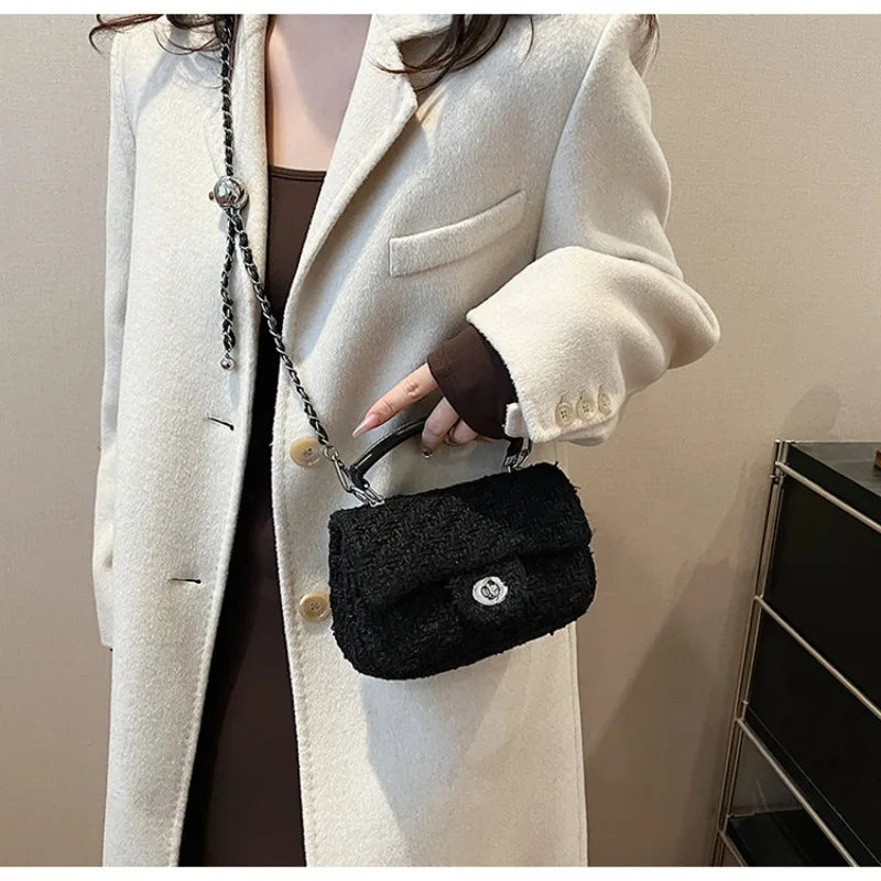 Chic Women’s Tweed Crossbody – Small Handbag with Chain Detai