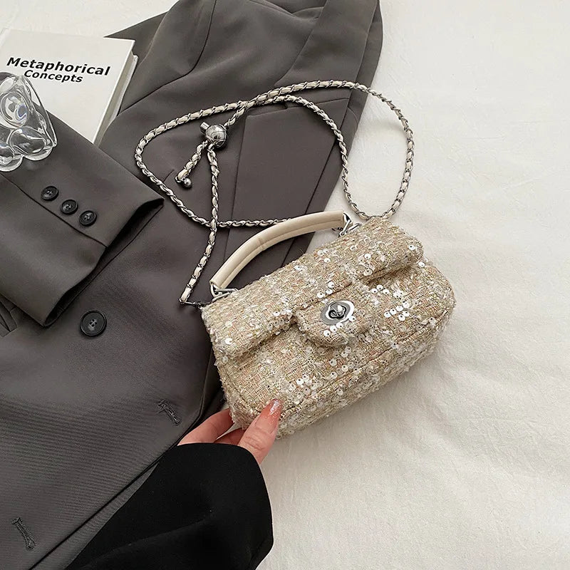Chic Women’s Tweed Crossbody – Small Handbag with Chain Detai