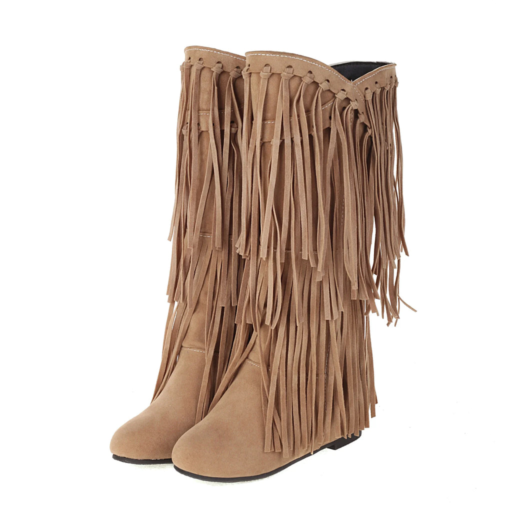 Women’s Ethnic Wedge Boots — Mid-Calf Flock Tassel Design
