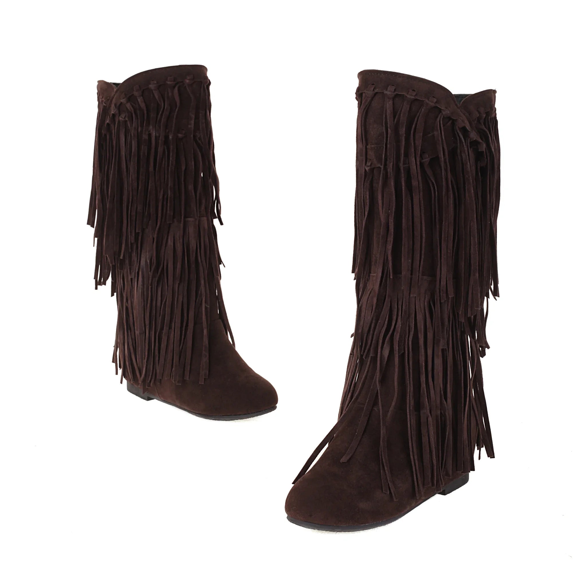Women’s Ethnic Wedge Boots — Mid-Calf Flock Tassel Design
