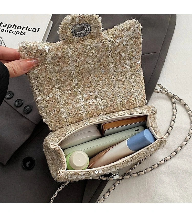 Chic Women’s Tweed Crossbody – Small Handbag with Chain Detai