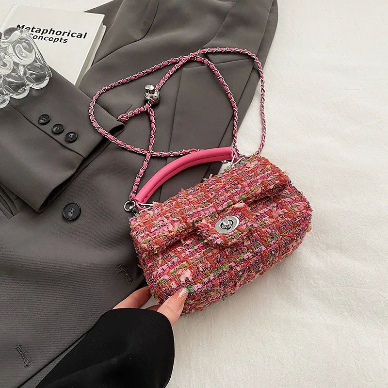 Chic Women’s Tweed Crossbody – Small Handbag with Chain Detai