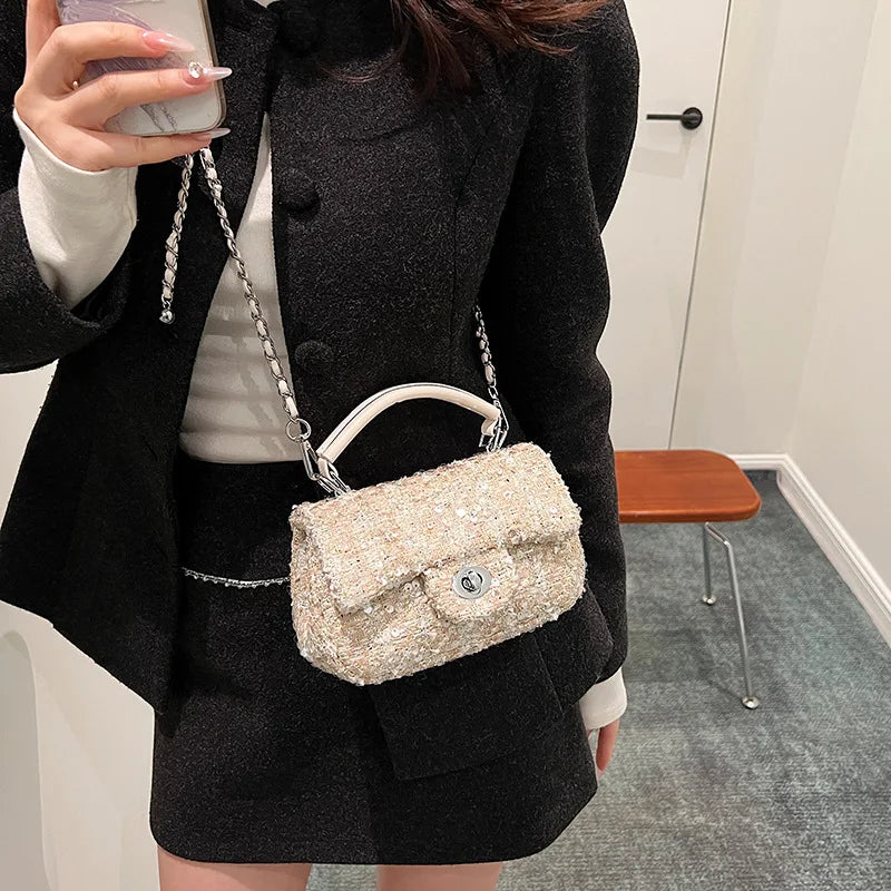 Chic Women’s Tweed Crossbody – Small Handbag with Chain Detai