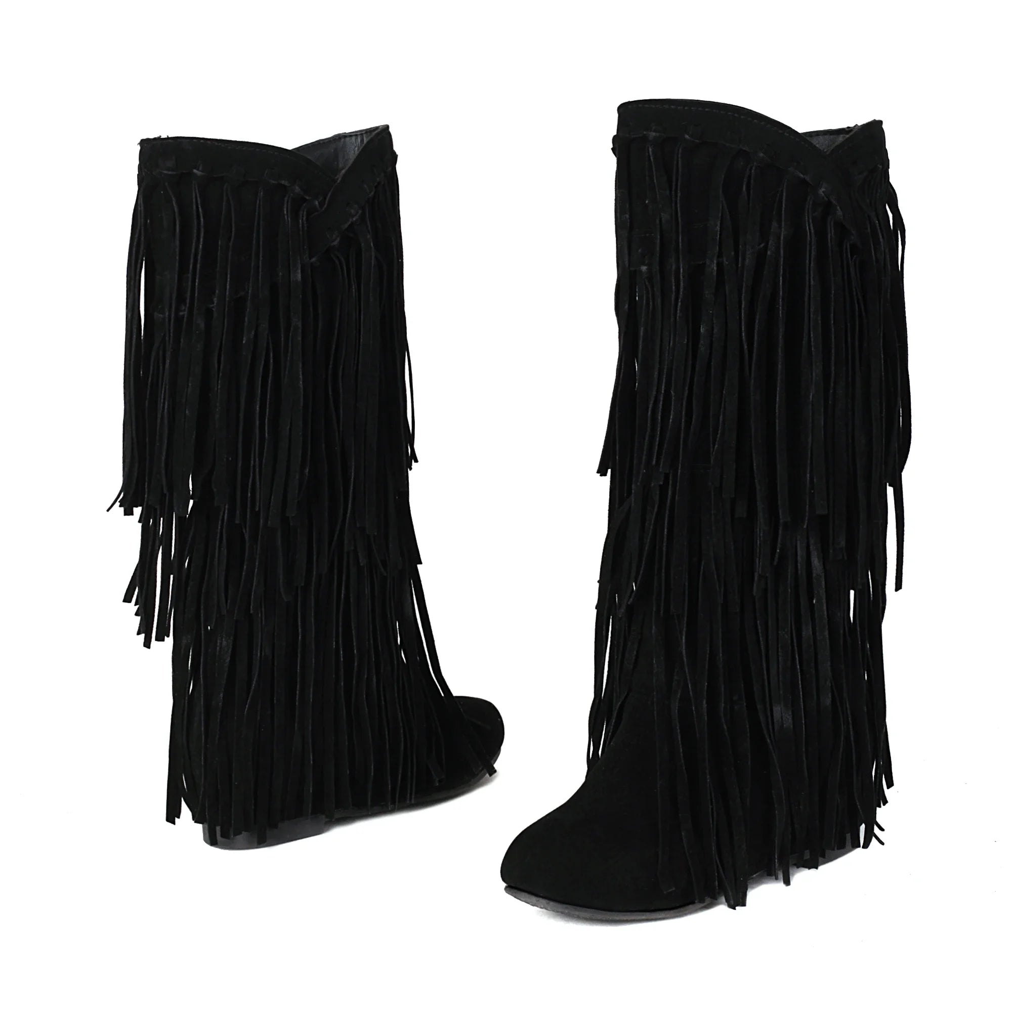 Women’s Ethnic Wedge Boots — Mid-Calf Flock Tassel Design