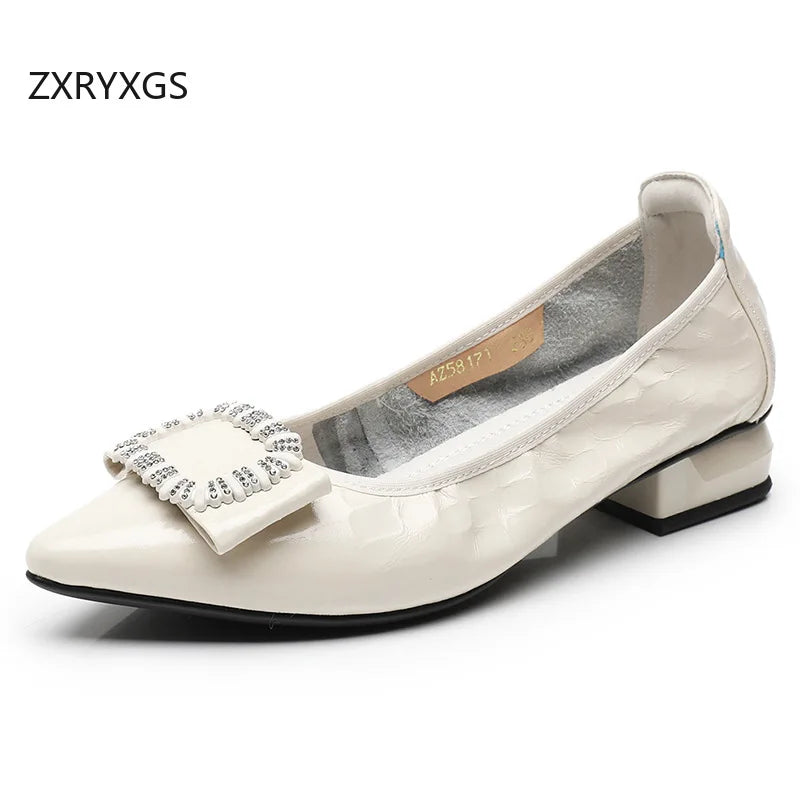ZXRYXGS Women’s Cowhide Bow Pointed Heels