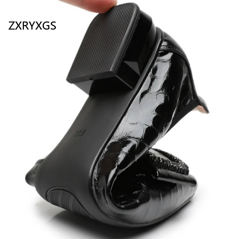 ZXRYXGS Women’s Cowhide Bow Pointed Heels