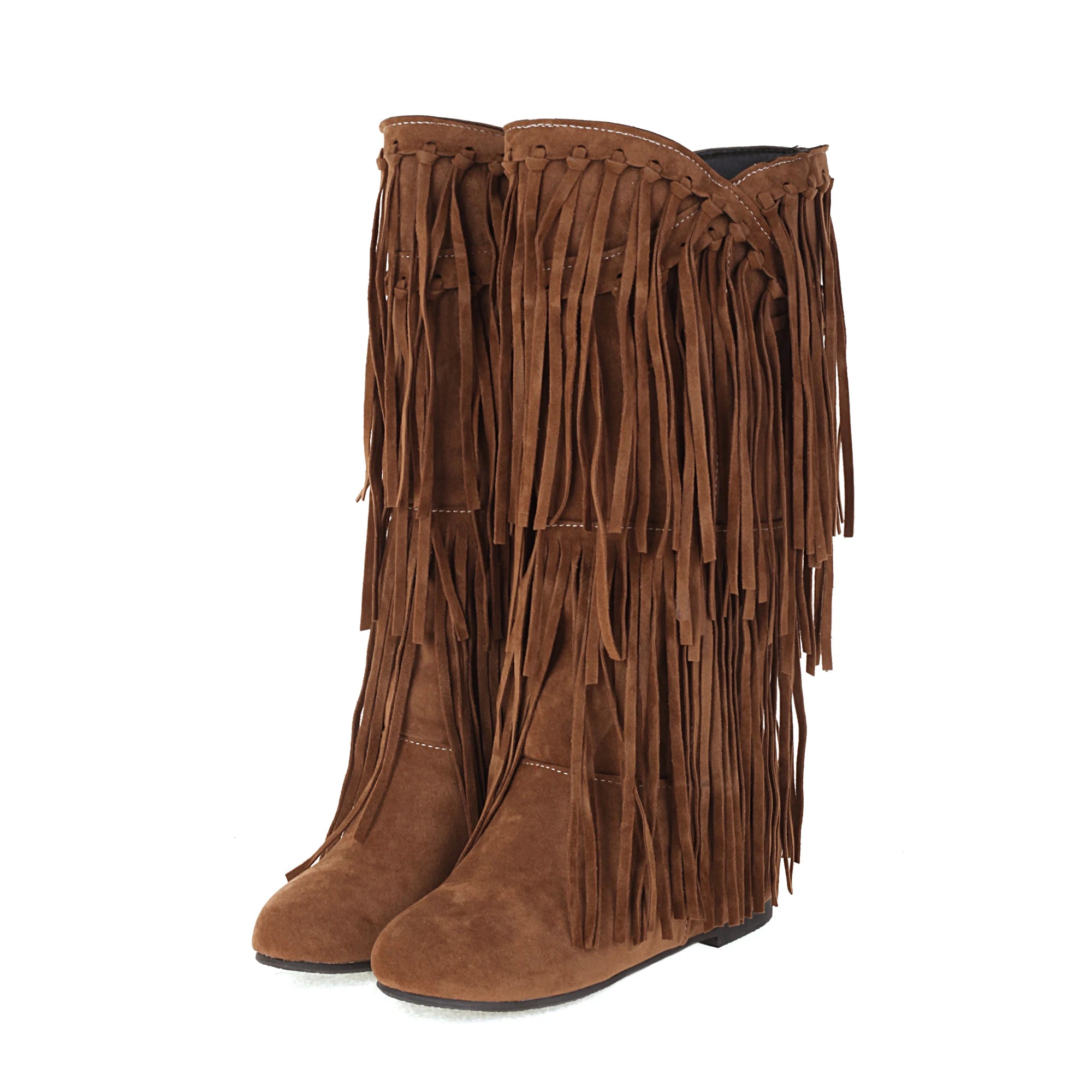 Women’s Ethnic Wedge Boots — Mid-Calf Flock Tassel Design