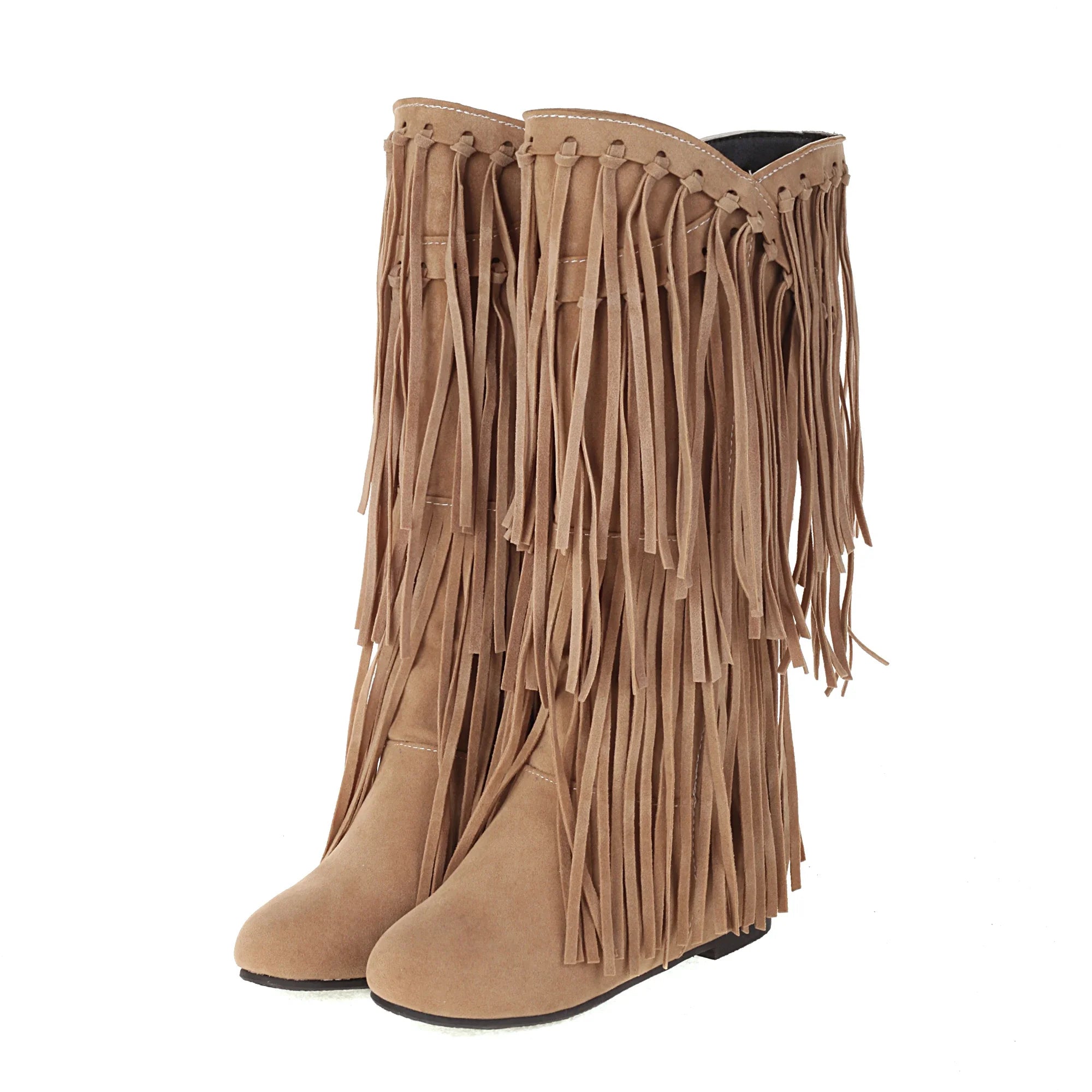 Women’s Ethnic Wedge Boots — Mid-Calf Flock Tassel Design