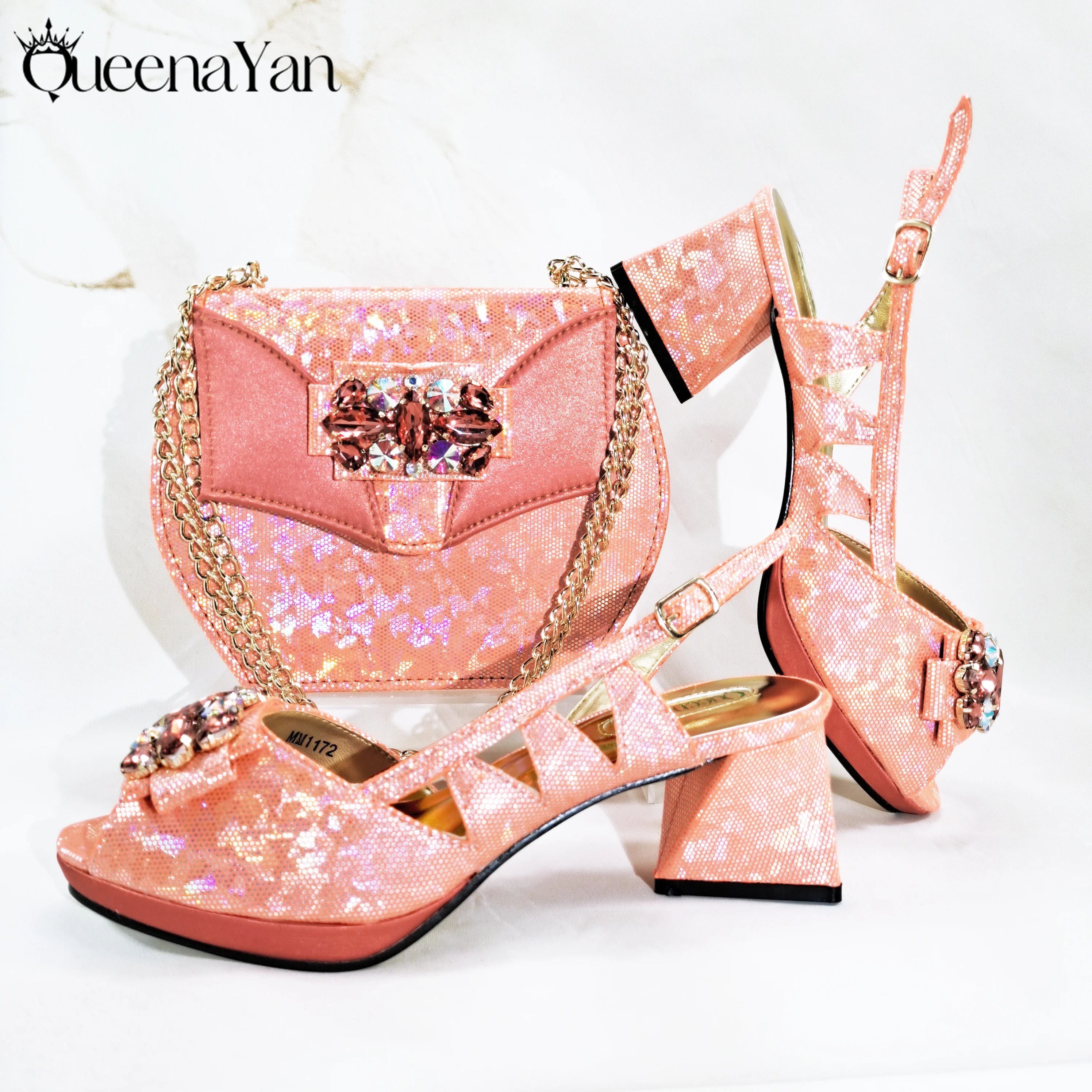 Diamond-Embellished Coral Peep-Toe Heels + Bag (Italian Design)