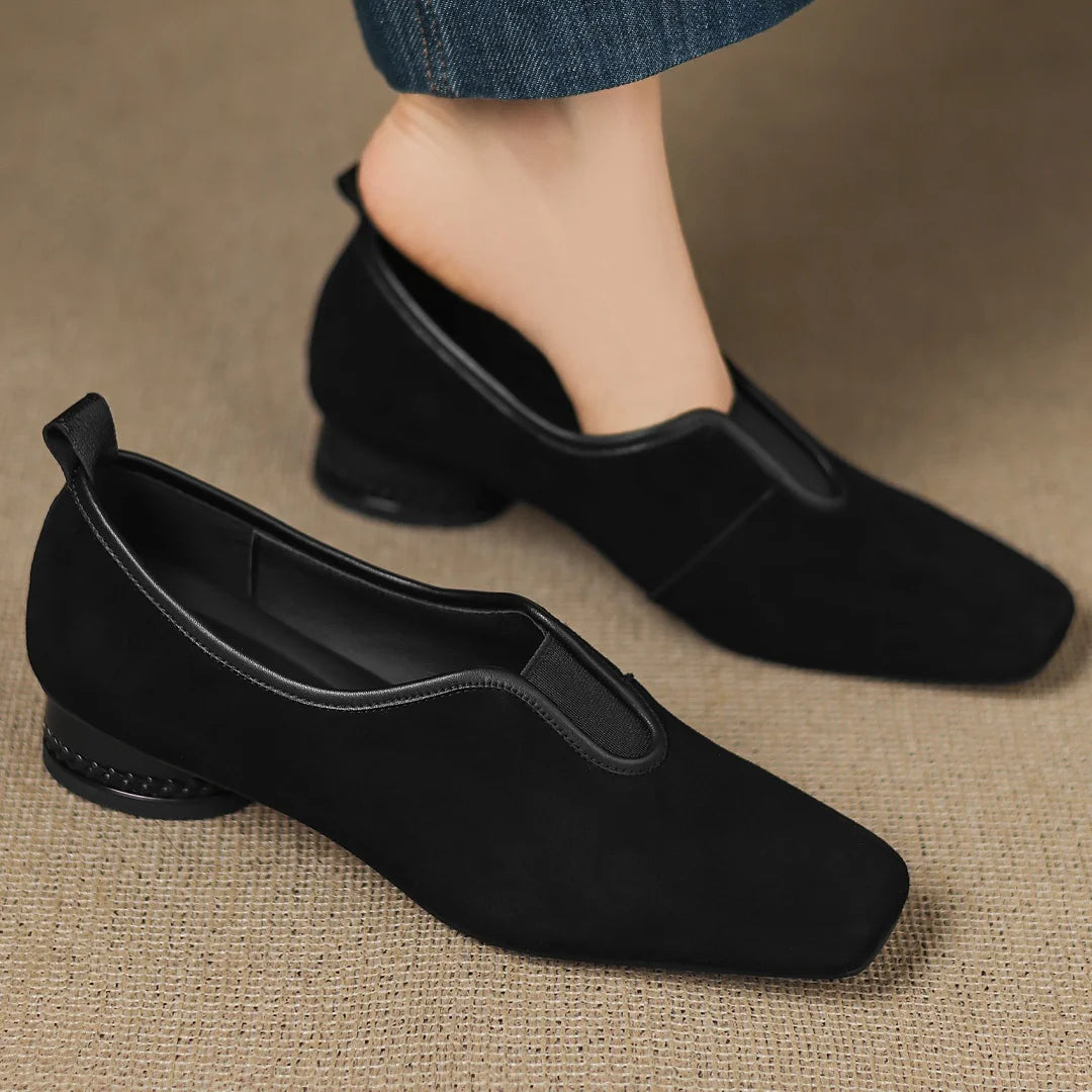 Natural Suede Plus-Size Pumps — Square Toe & Low Heel