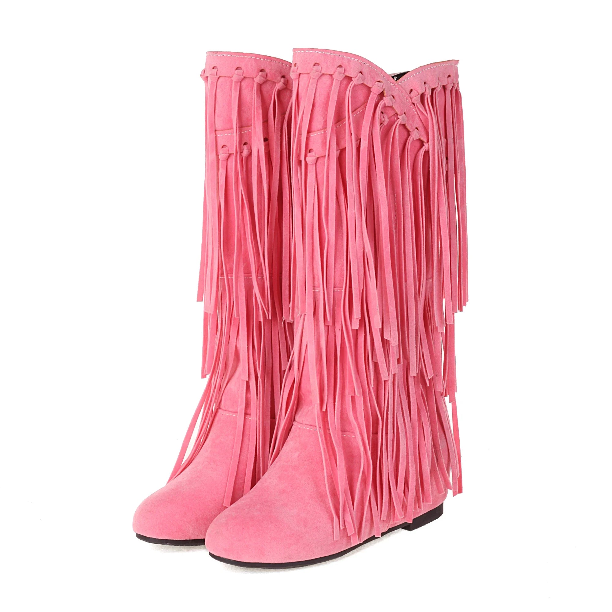 Women’s Ethnic Wedge Boots — Mid-Calf Flock Tassel Design